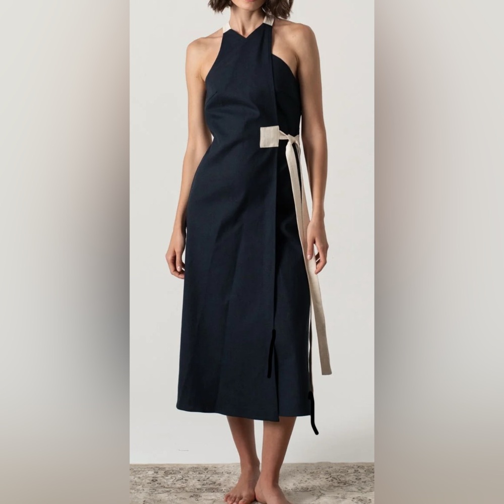 Luxmii linen Navy Halter Wrap Maxi Dress